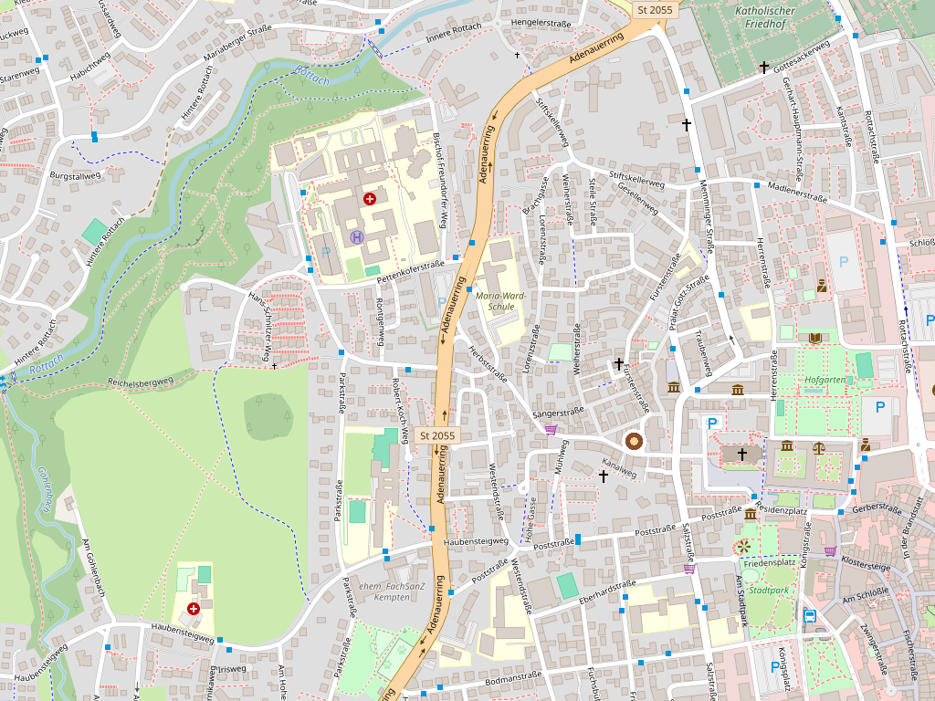 Stadtplan rund um die Krippenbauschule am Kleinen Kornhausplatz in Kempten